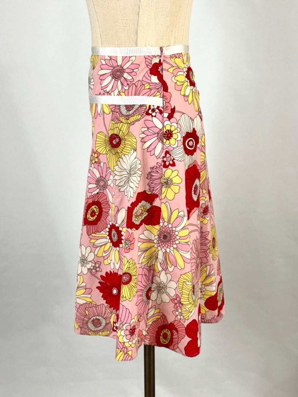 Vtg Y2K Pink Floral Cotton Skirt Grosgrain Trim Lizzie McGuire Flower Power - Picture 2 of 5